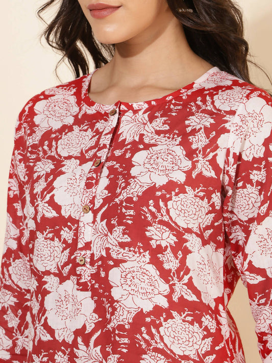Janasya Women's Red Cotton Cambric Floral Printed Casual Straight Top Set | Swadesiicart