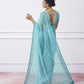 Blue Net Designer Thread Embroidery Work Saree with Unstitched Blouse - Vandini