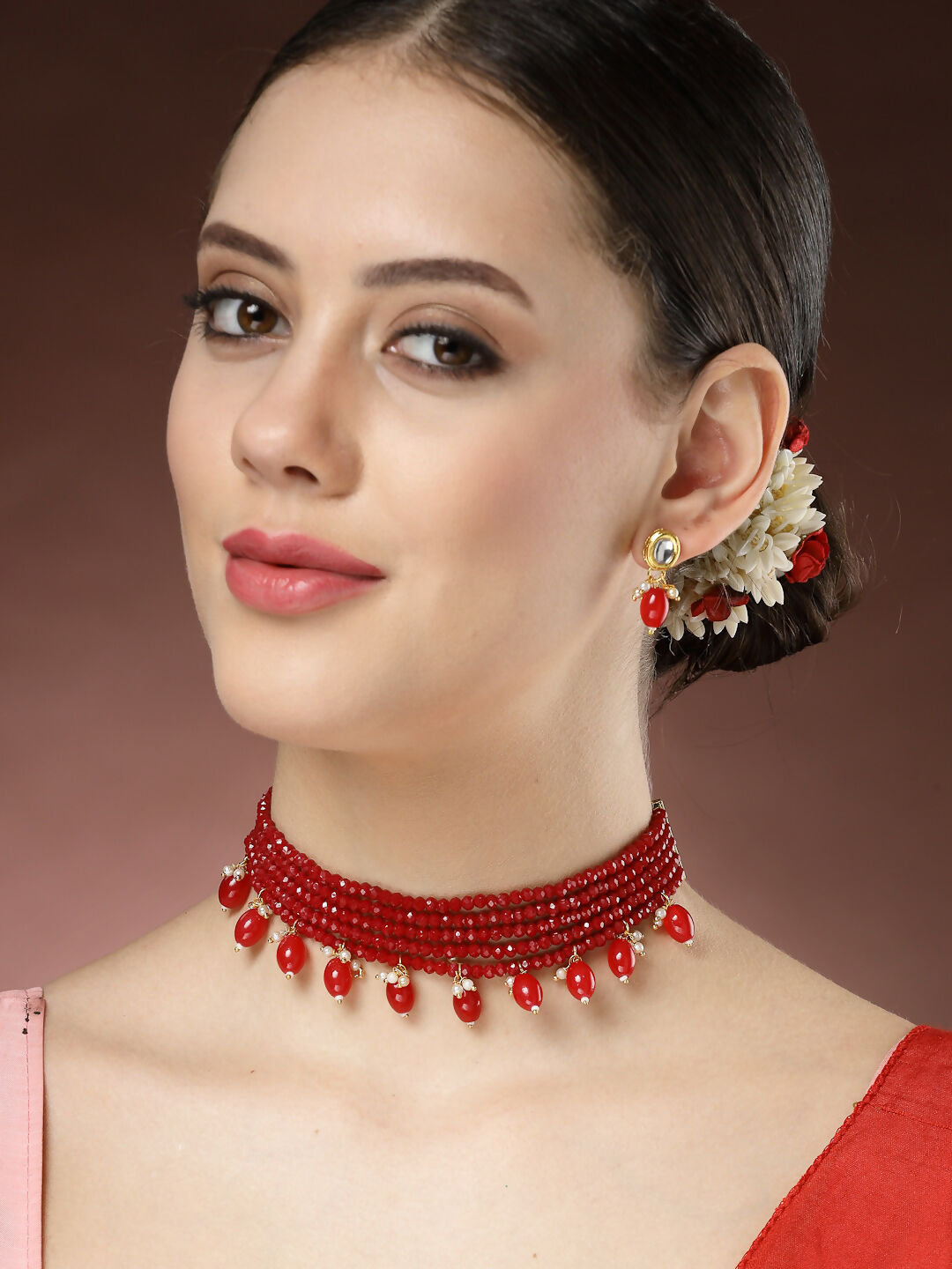 NVR Women's Red Artificial Beads Layered Necklace with Drop Earring - Swadesiicart