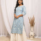 FIORRA Women's Floral Printed Sky Blue Cotton Straight Kurta - Swadesiicart