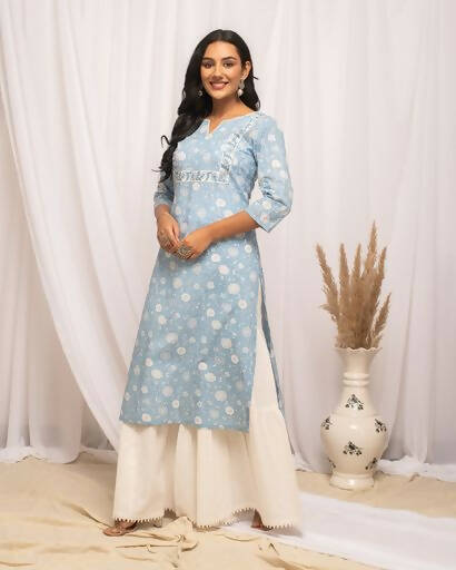 FIORRA Women's Floral Printed Sky Blue Cotton Straight Kurta - Swadesiicart