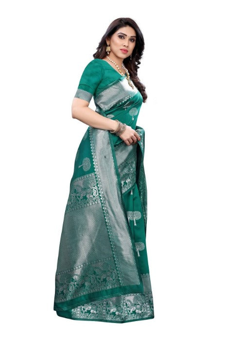 Vamika Banarasi Jacquard Weaving Rama Green Saree (AMEE RAMA) | Swadesiicart