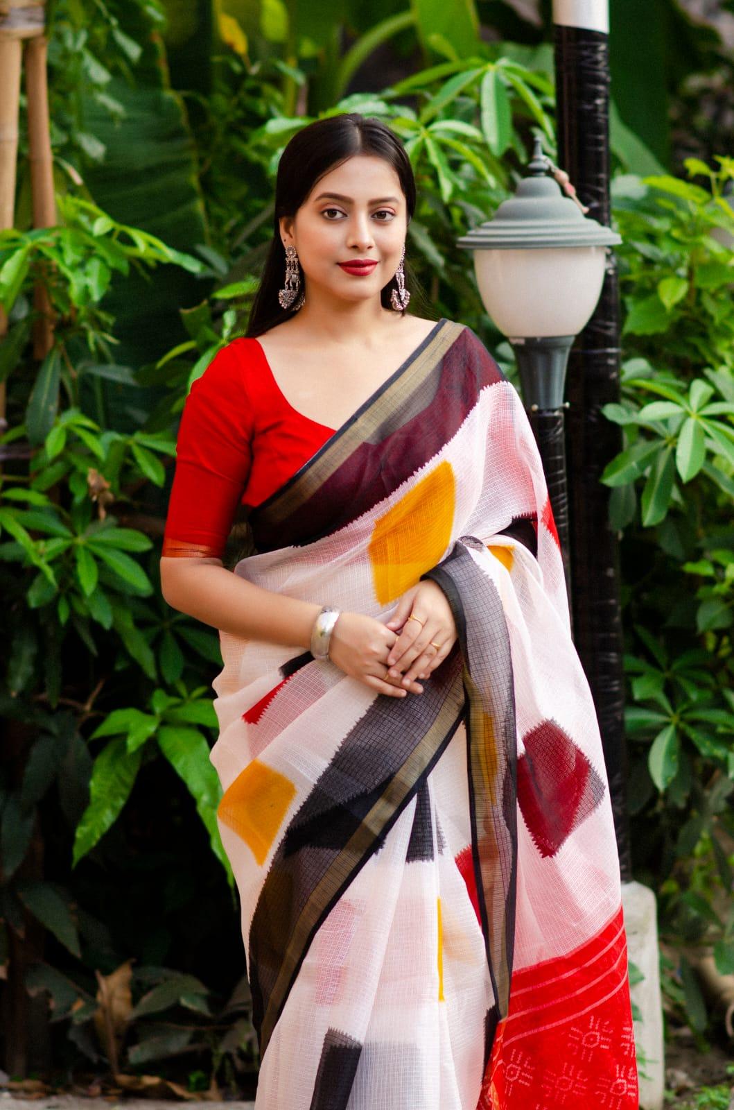 White Polycotton Ethnic Motifs Saree with Unstitched Blouse - Hiral Fashion | Swadesiicart