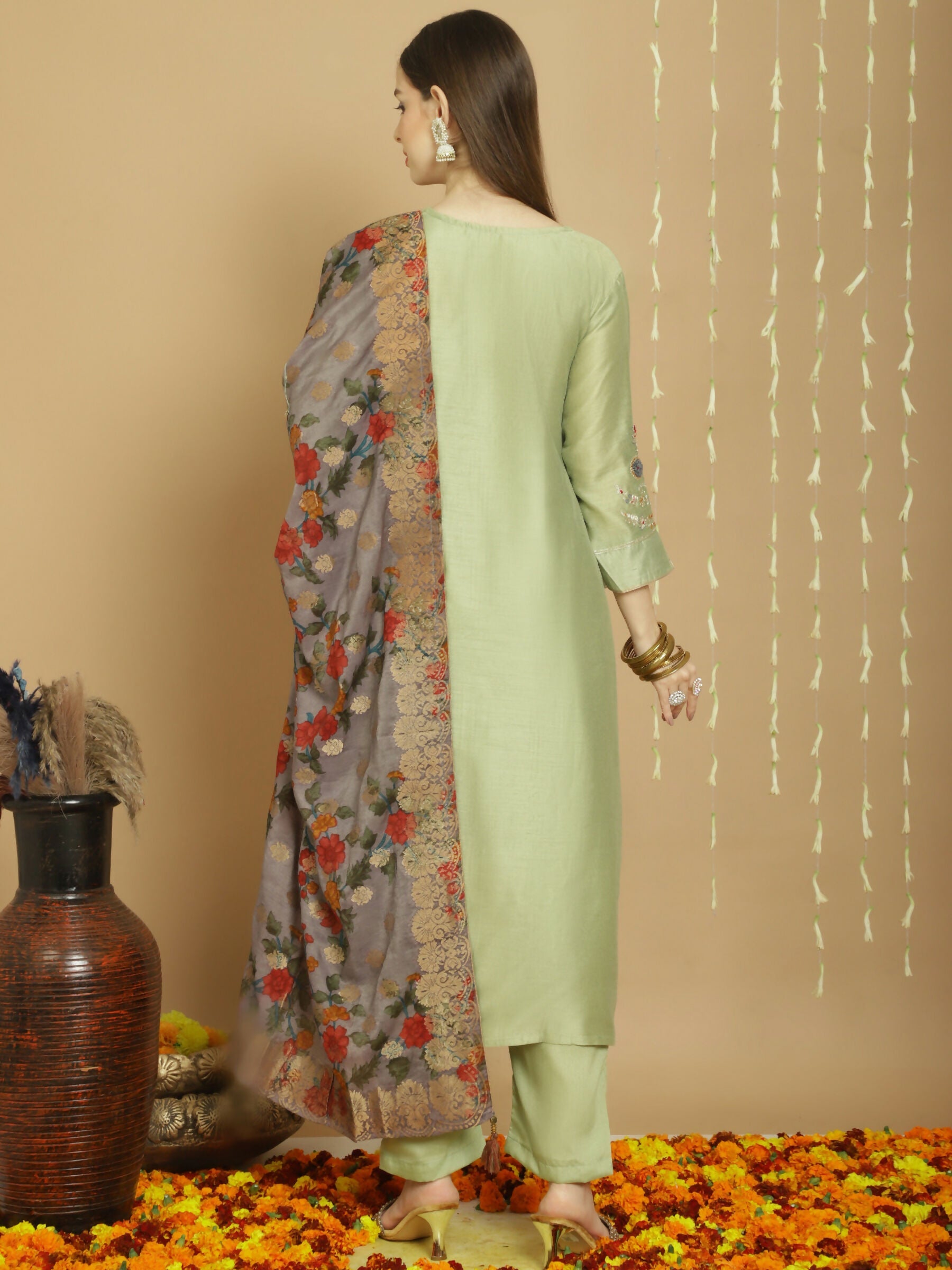 Jyoti Fashion Women's Green Chanderi Silk Elegant Jardoshi Semi Kurta with Trouser & Dupatta | Swadesiicart