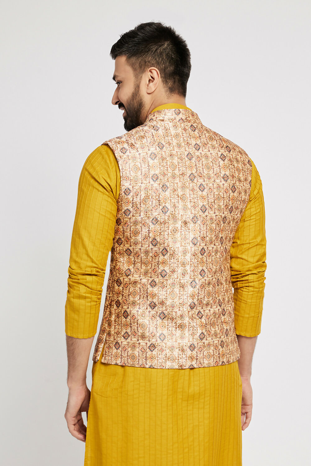 Ethnic India Cream Bundi Men's Jacket Abstract Polyester | Swadesiicart