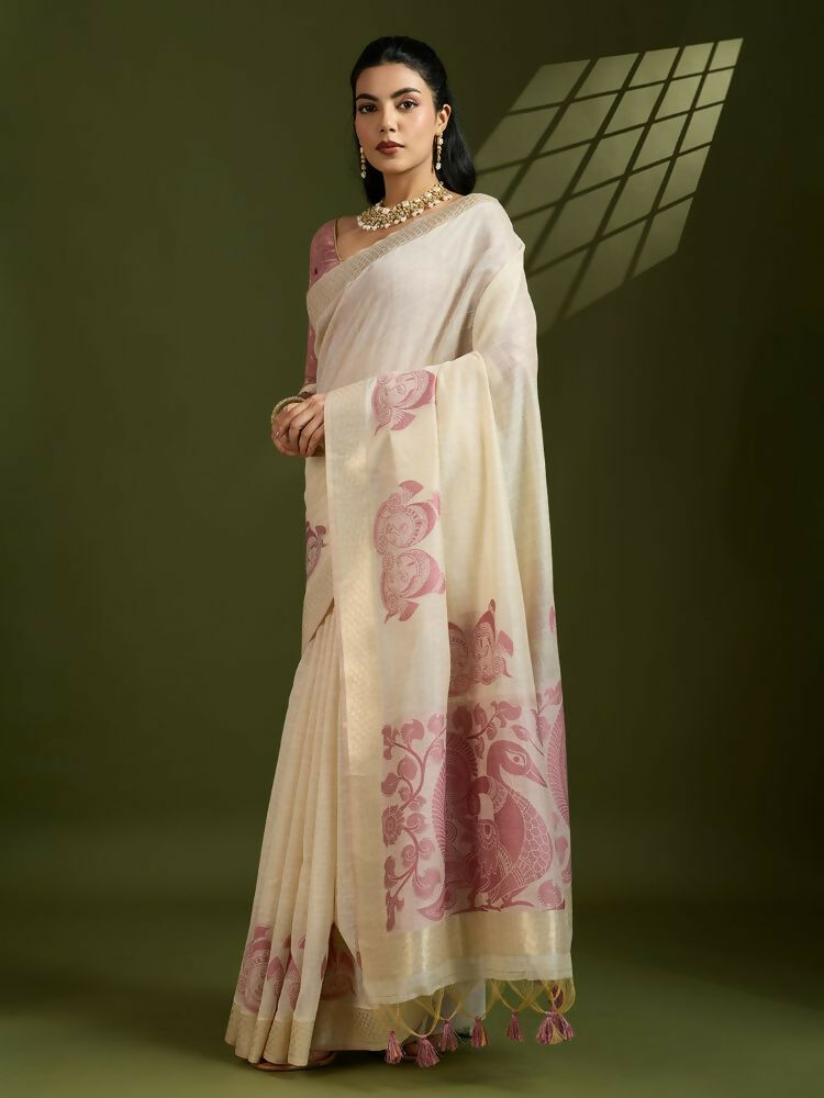 Vishnu Weaves Women's Maroon Muga Cotton Thread Woven Saree with Blouse - Swadesiicart