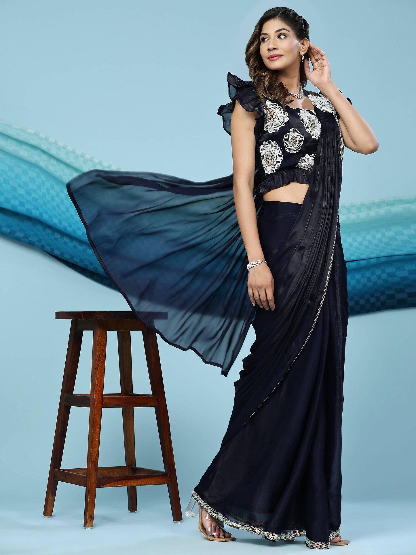 Black Silk Satin Sequence Work Ready to Wear Saree with stitched Blouse - Nirvana | Swadesiicart