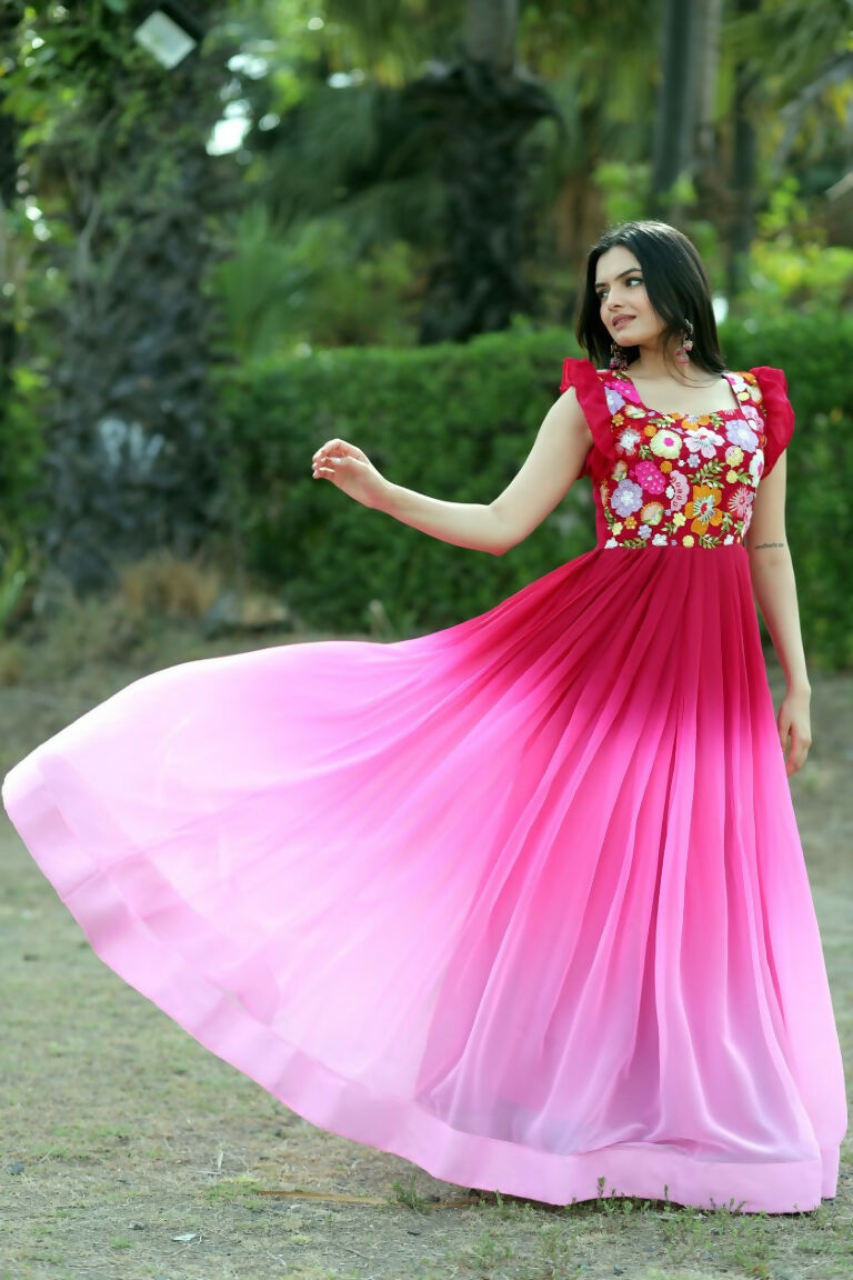 Jyoti Fashion Women's Pink Sequins Embroidery Faux Blooming Anarkali Dress | Swadesiicart