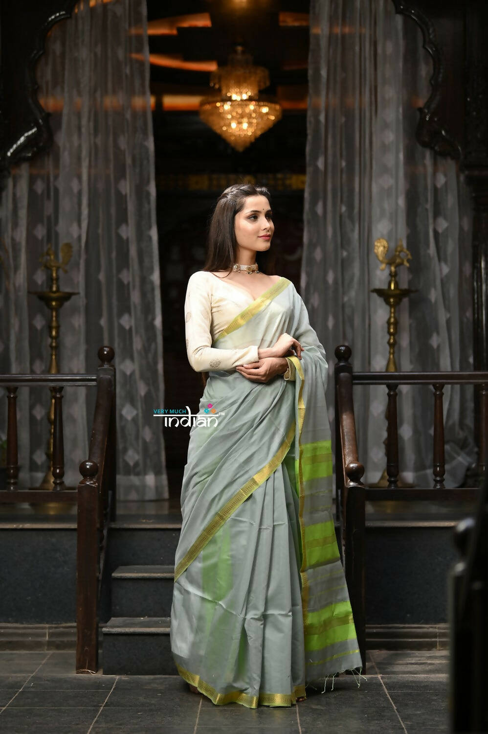 Very Much Indian VMI Exclusive Designer! Handloom Cotton Silk Saree With Sleek Golden Border - Sage Grey | Swadesiicart