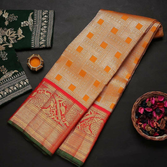 DEIANA'S Beautiful Designer Golden zari Soft Lichi Silk Saree - Orange - Swadesiicart