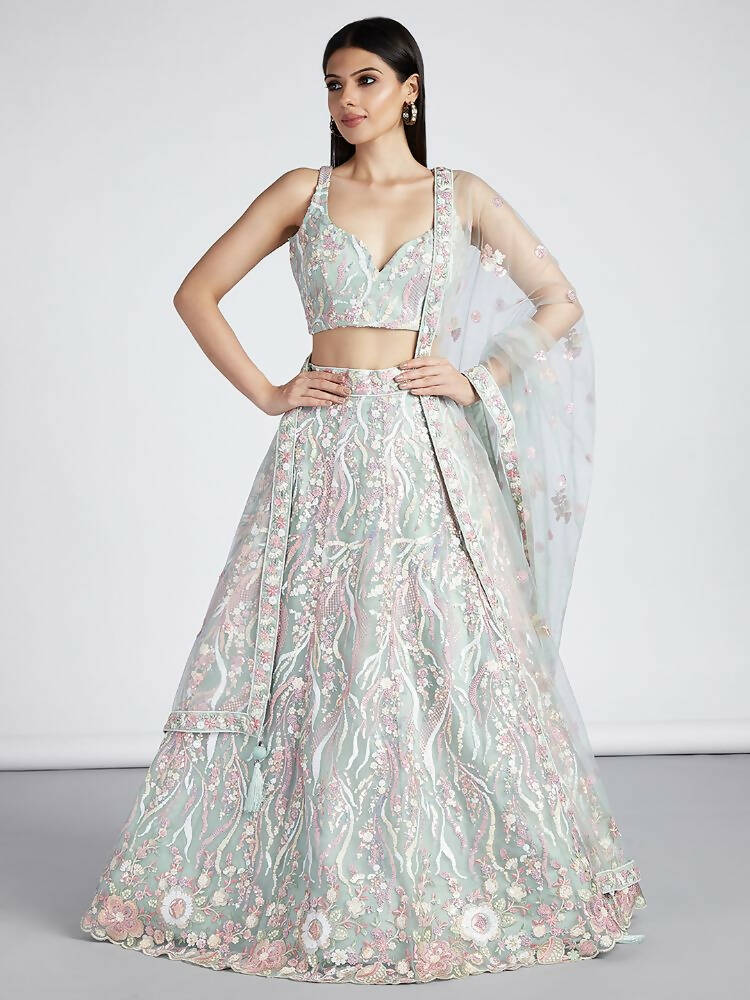 House of Panchhi Lime Green Net Sequins And Thread Embroidery Lehenga Choli & Dupatta | Swadesiicart