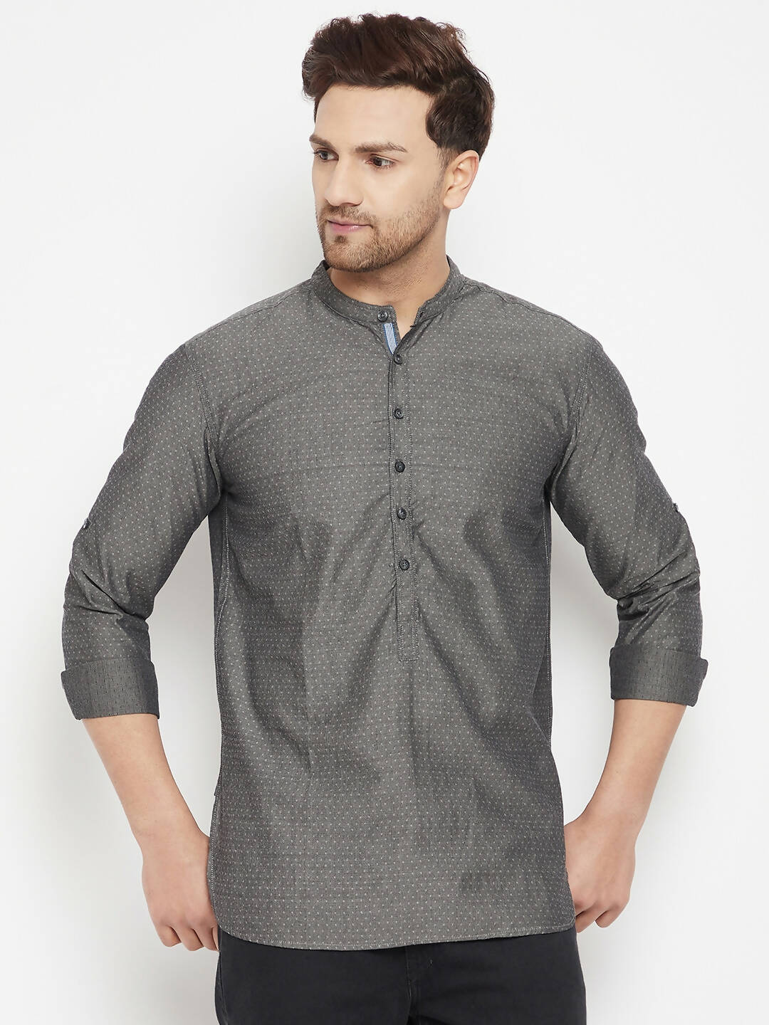 Even Apparels Grey Color Pure Cotton Short Men's Beautiful Kurta With Band Collar | Swadesiicart