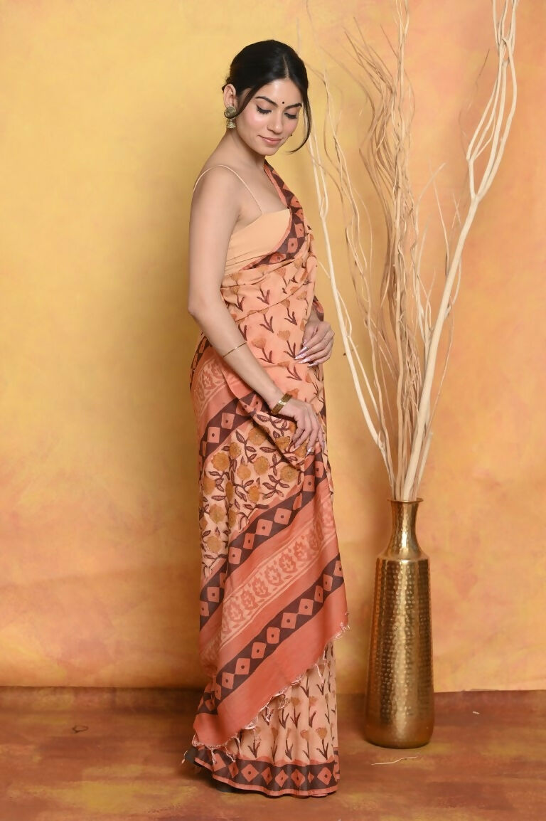 Very Much Indian Designer Modal Silk Saree With With Beautiful Floral Print - Light Orange | Swadesiicart