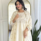 The52 CreamWomen's Gorgeous Embroidered Vichitra Silk Fabric Flared Kurta Pant with Dupatta Set - Swadesiicart