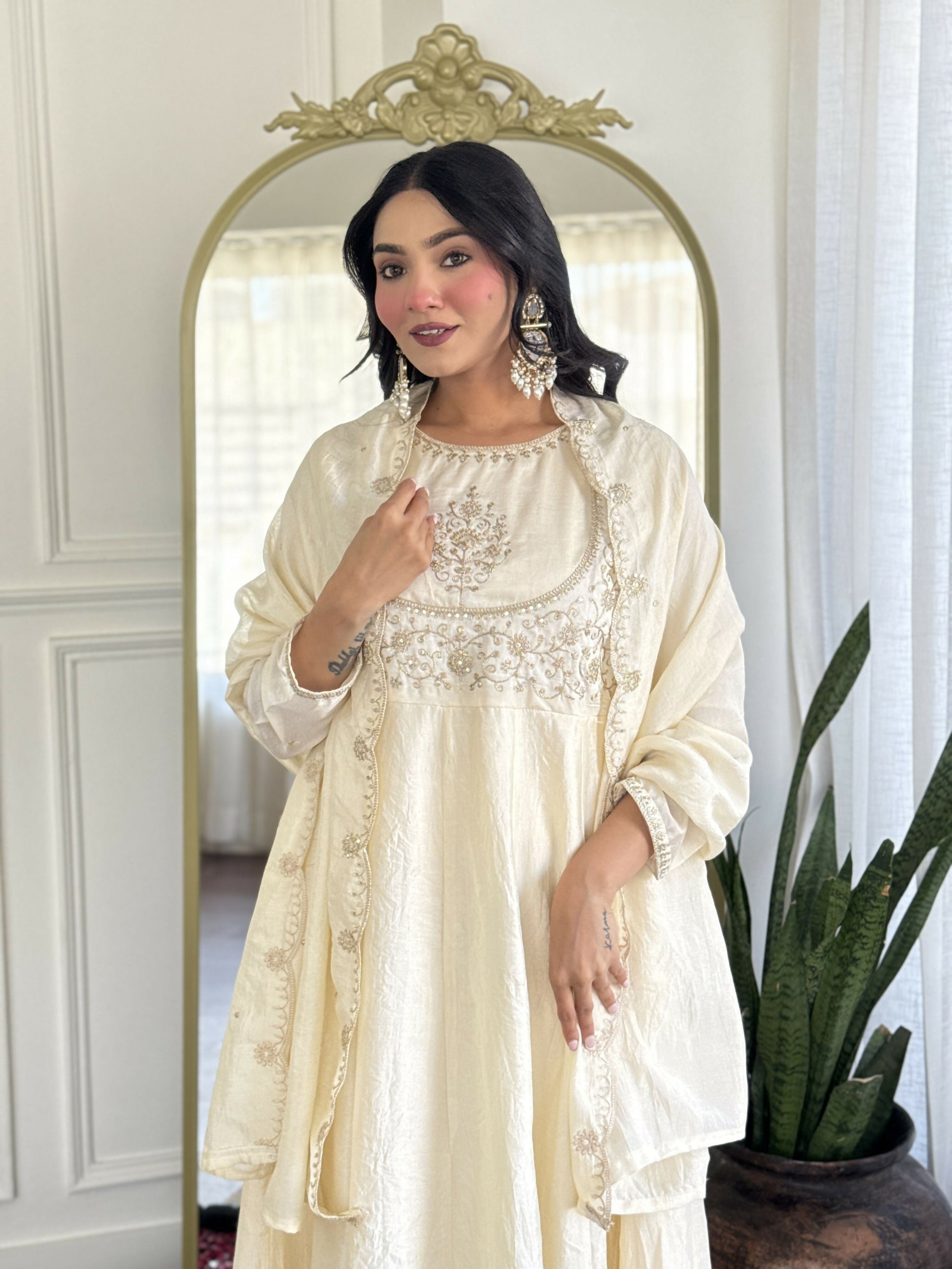 The52 CreamWomen's Gorgeous Embroidered Vichitra Silk Fabric Flared Kurta Pant with Dupatta Set - Swadesiicart