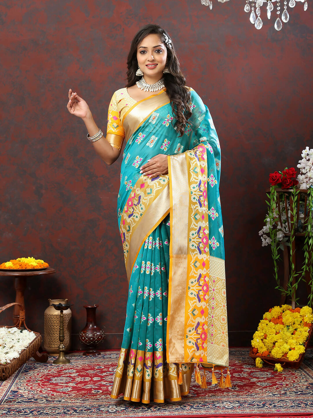 Lorenvalley Fashion Teal Organza Silk Woven Design with Meenakari Weaving Saree - Swadesiicart