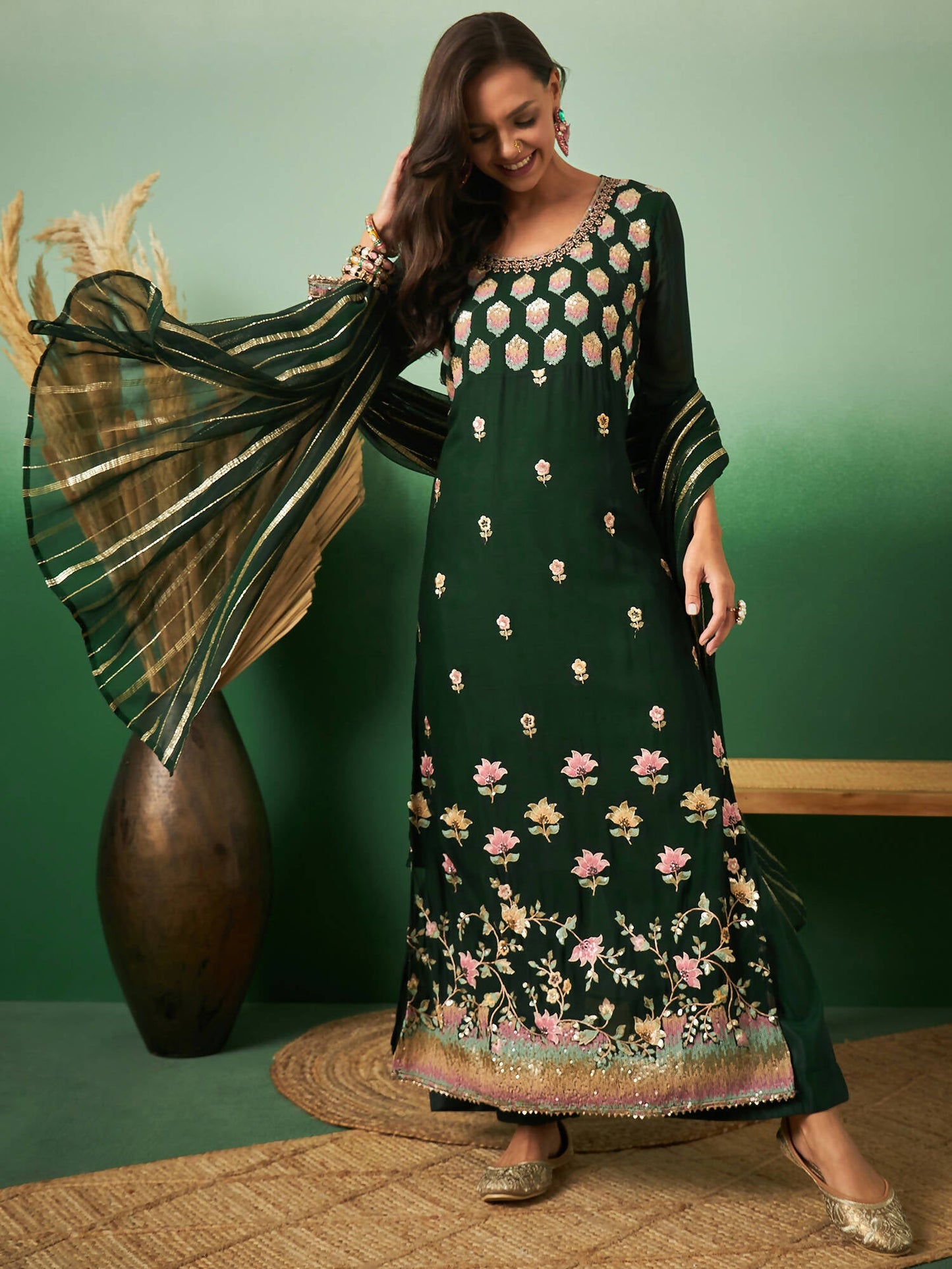 Green Georgette Handwork Unstitched Dress Material - Hanika | Swadesiicart