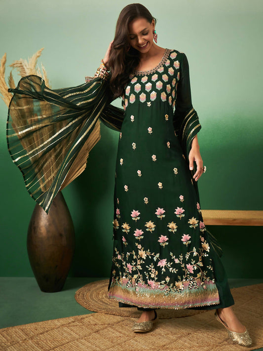 Green Georgette Handwork Unstitched Dress Material - Hanika | Swadesiicart