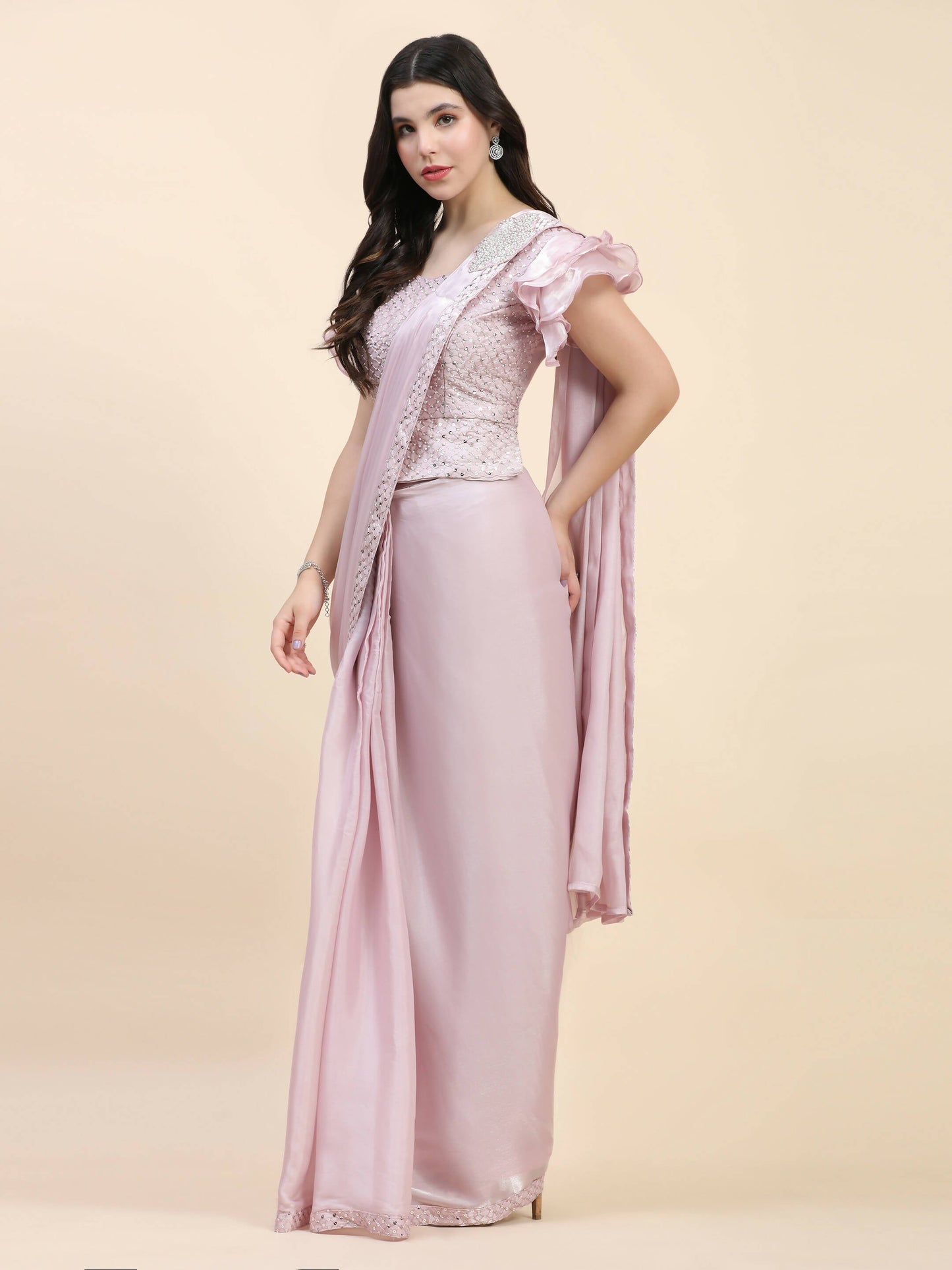 Light Pink Silk Satin Sequence Work Ready to Wear Saree with stitched Blouse - Nirvana | Swadesiicart