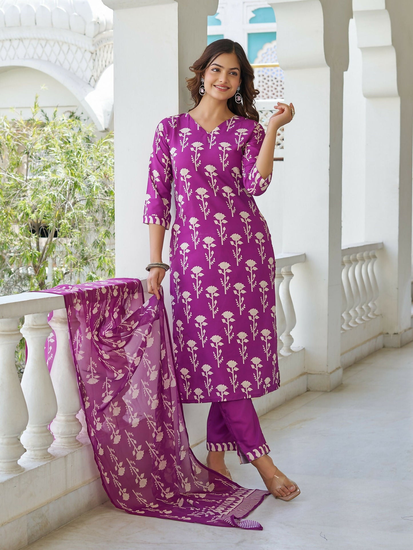 The52 Wine Women's Beautiful Cotton Blend Fabric Printed Work Straight Kurta, Pant and Dupatta Set - Swadesiicart