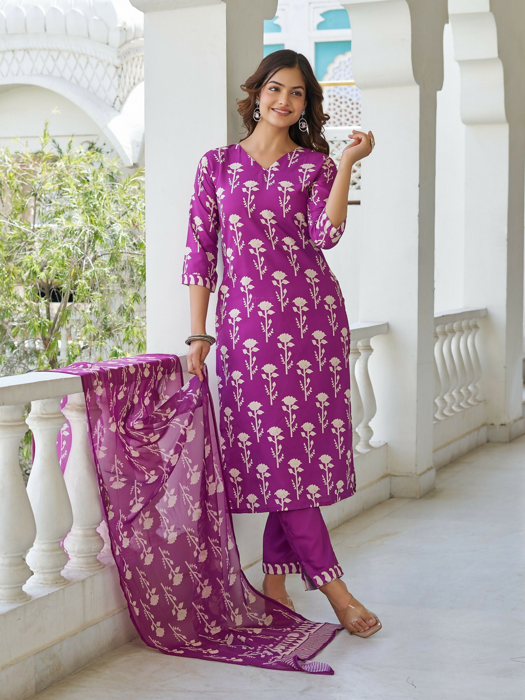 The52 Wine Women's Beautiful Cotton Blend Fabric Printed Work Straight Kurta, Pant and Dupatta Set - Swadesiicart