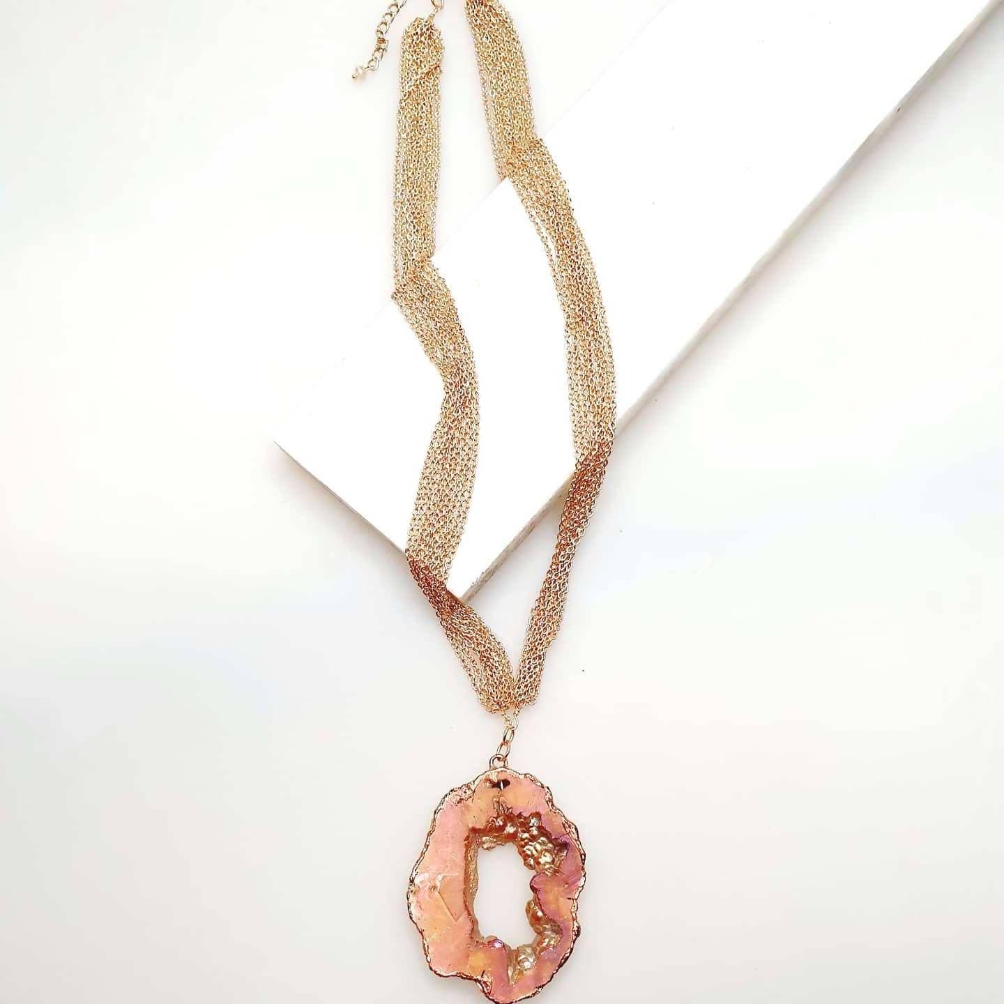 Bling Accessories Rose Gold Agate Natural Stone With Fine Rose Gold Brass Metal Chain Cluster 10 Rows Necklace | Swadesiicart