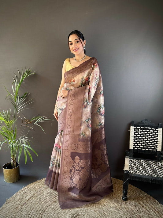 Joban Fashion Brown Floral Motifs Banarasi Silk Sarees | Swadesiicart