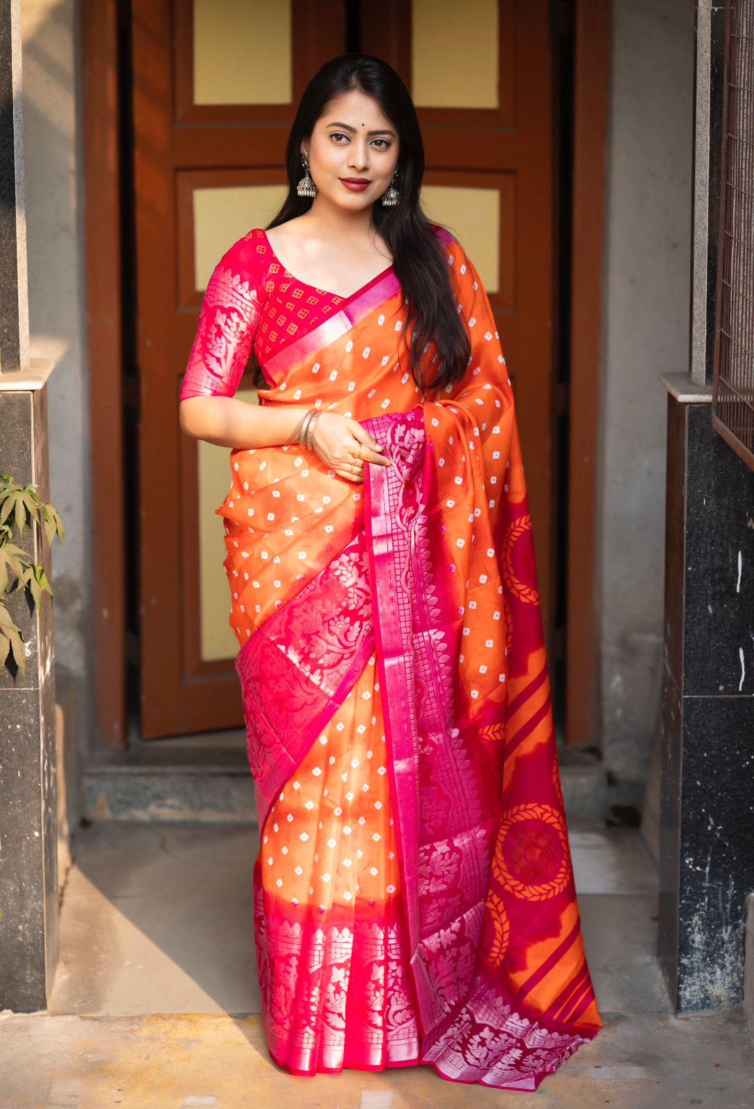 Orange Jute Silk Printed Saree with Unstitched Blouse - Hiral Fashion | Swadesiicart