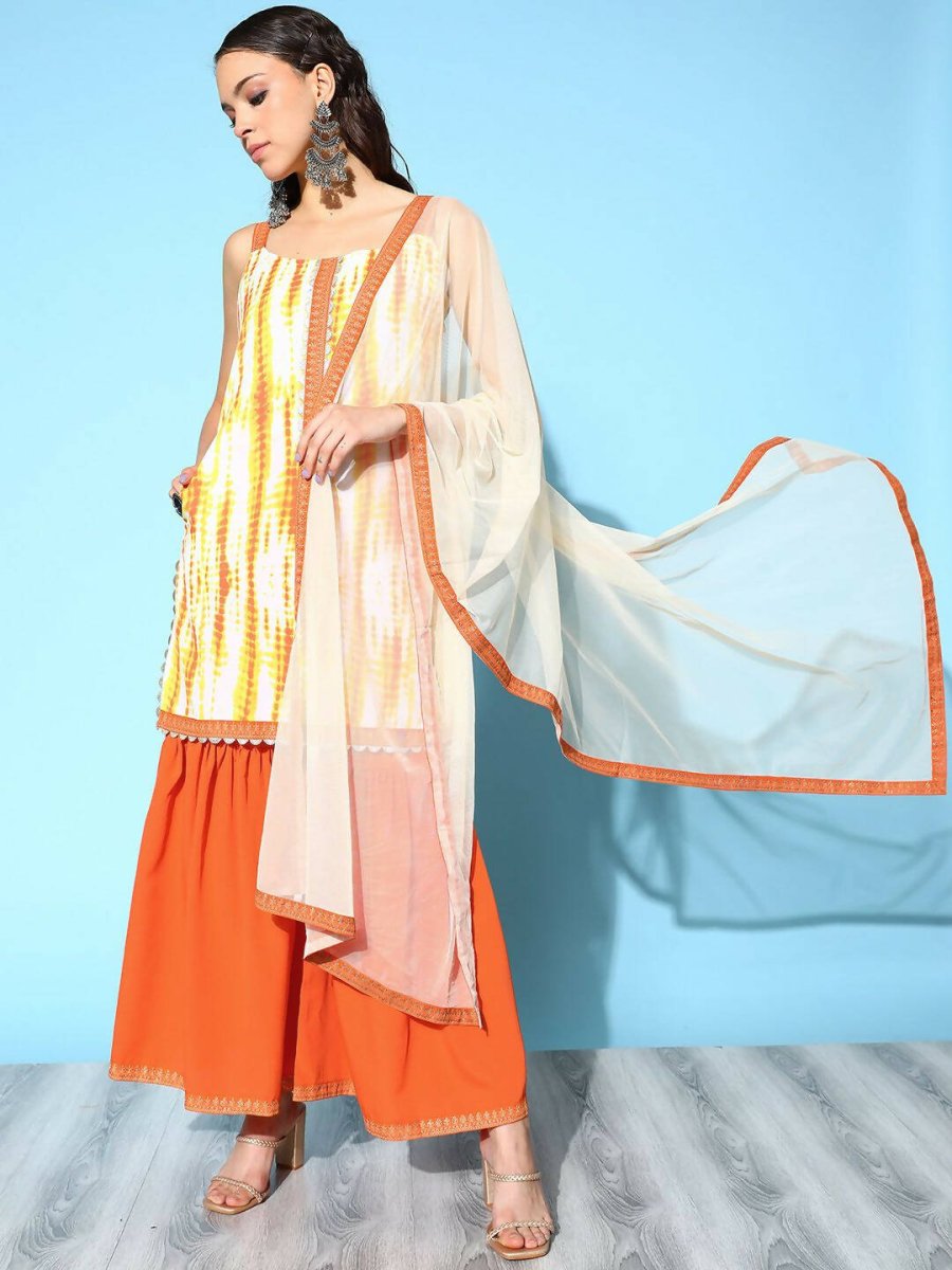 Ahalyaa Women's Orange Crepe Printed Kurta Sharara Set With Dupatta | Swadesiicart