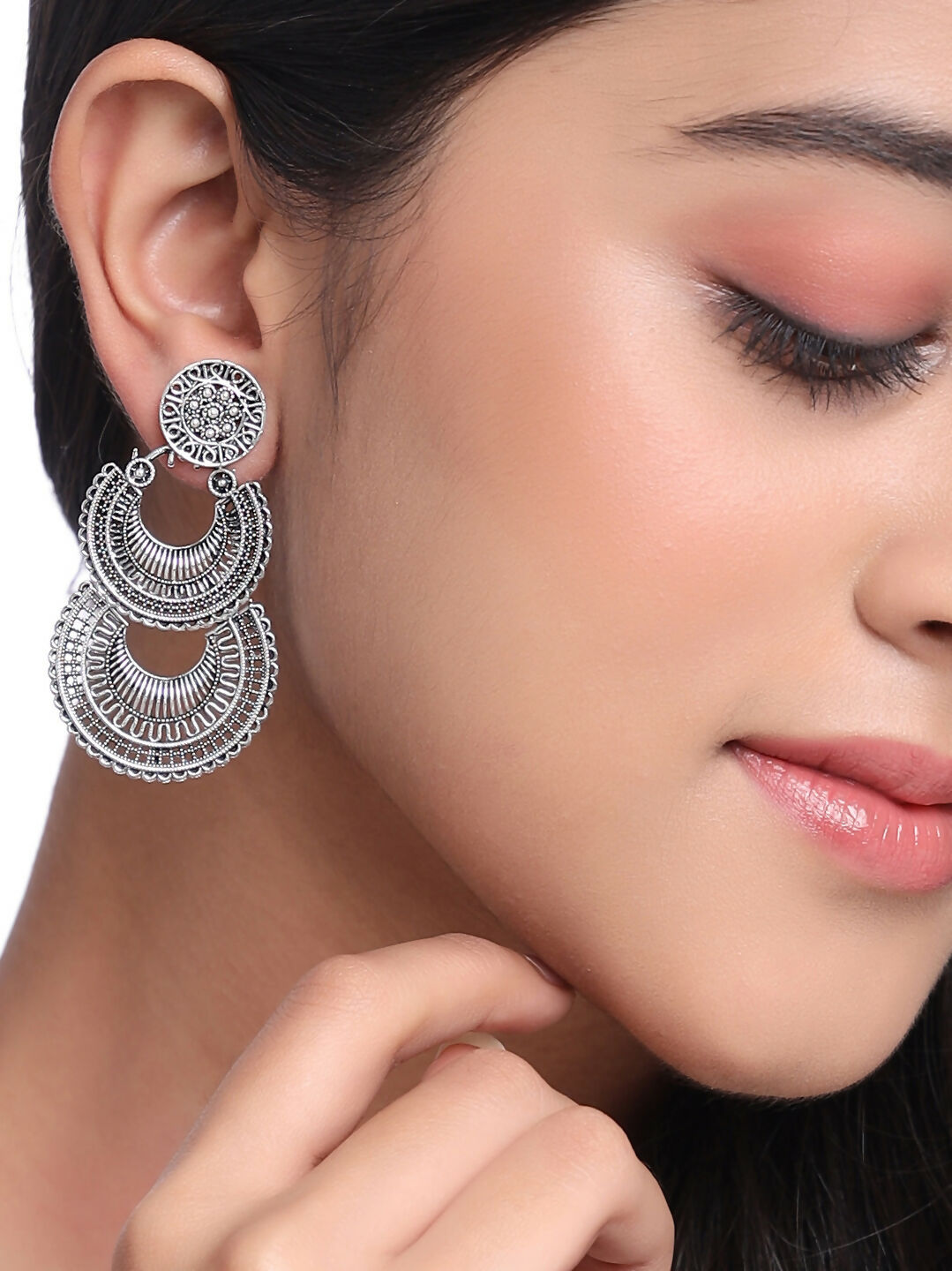 NVR Women Silver Plated Crescent Shaped Drop Earrings | Swadesiicart