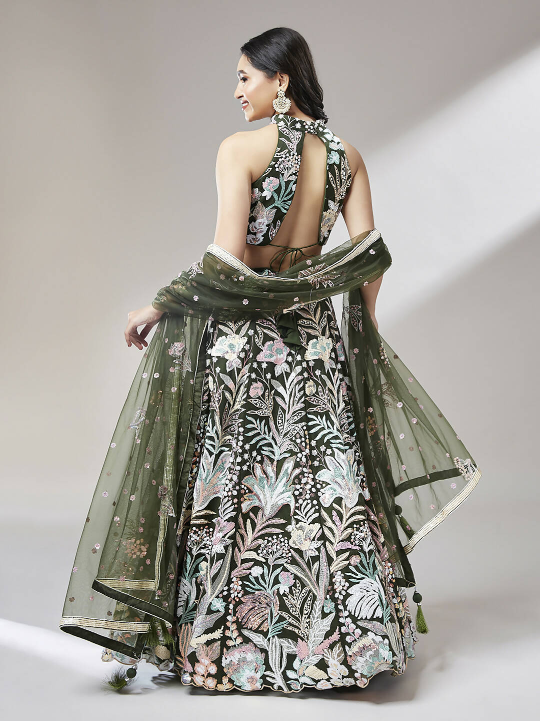 House of Panchhi Olive Net Sequinse Work Lehenga & Blouse with Dupatta | Swadesiicart