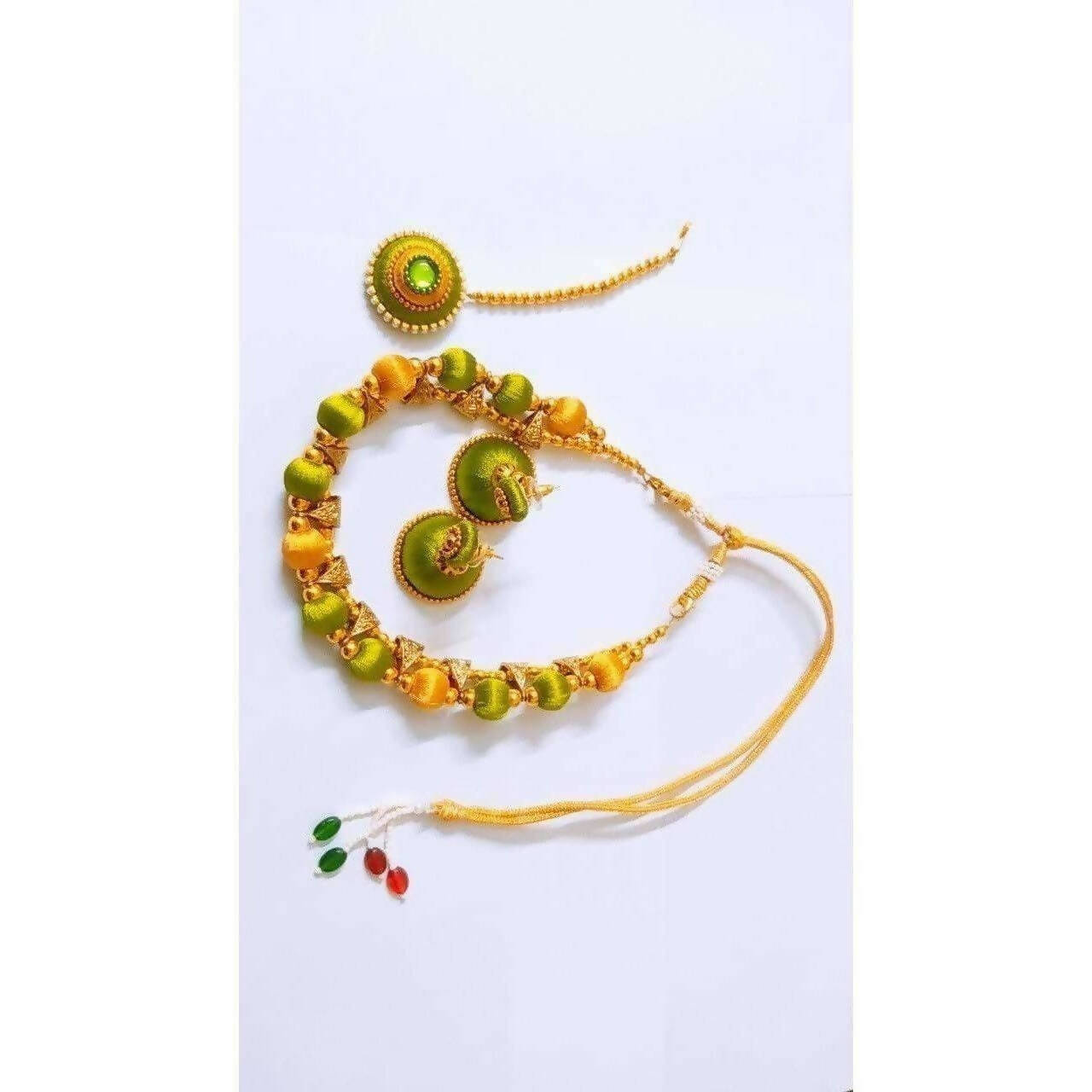 Green and Gold Silk Threaded Necklace Set with Earrings and Maang Tika - Swadesiicart