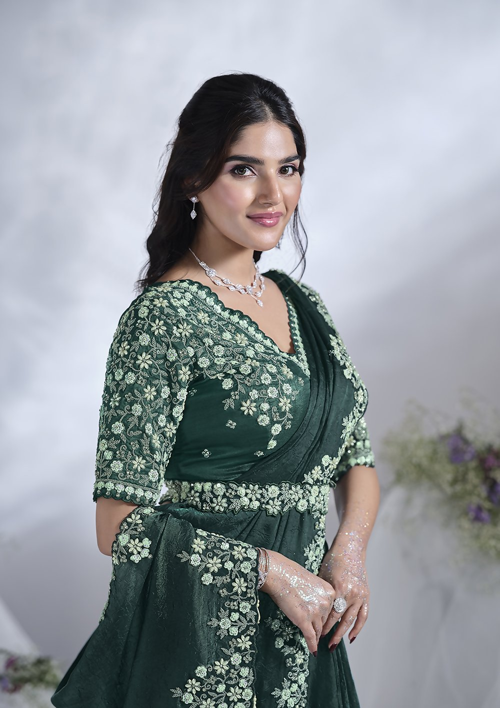 Green Two Tone Satin Silk Designer Ready to wear saree with stithced Blouse - Mohmanthan Aura | Swadesiicart