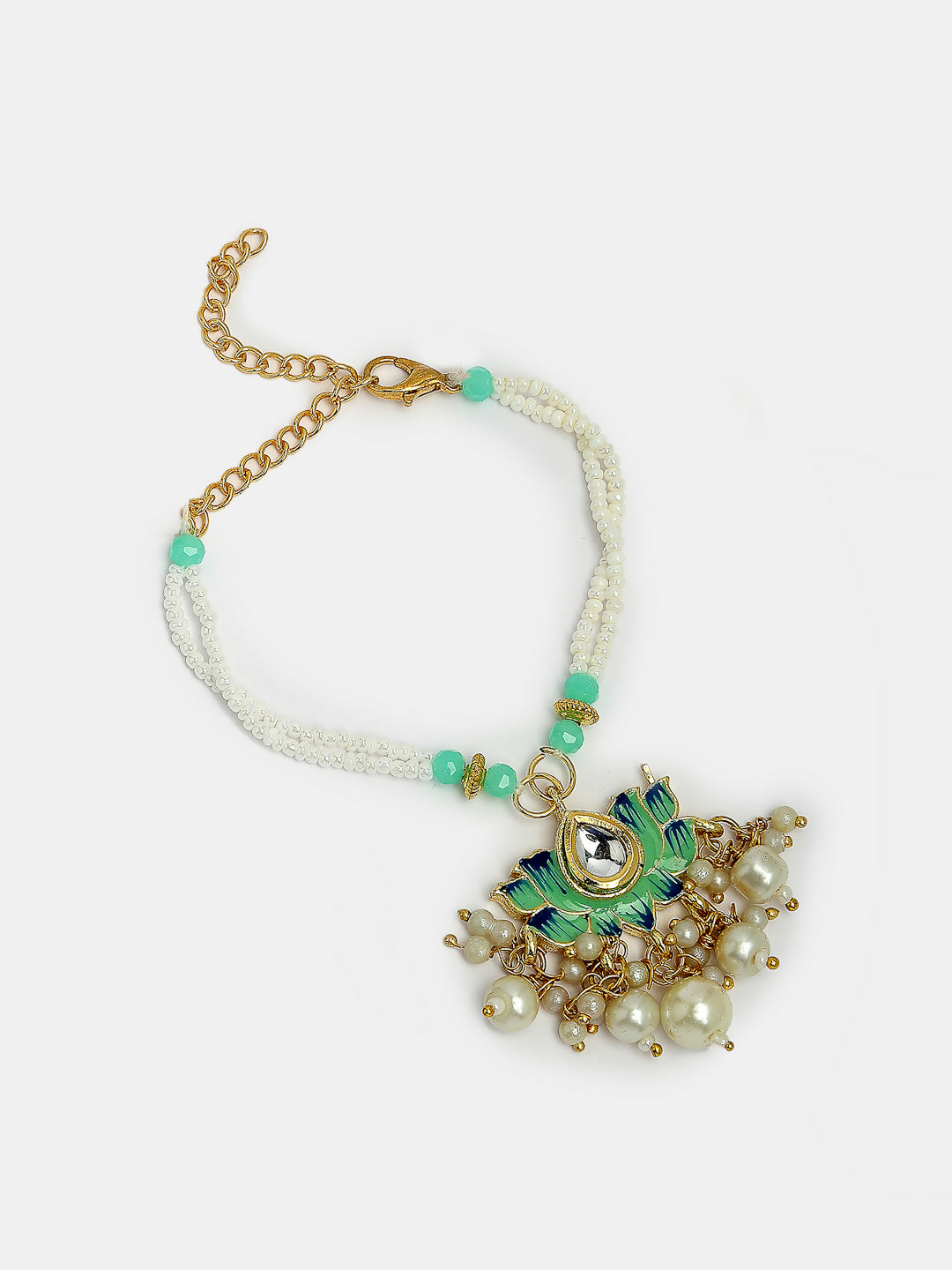 NVR Women & Men Set of 2 Turquoise Blue Lotus Shape Kundan-Studded & Beaded Handcrafted Wraparound Rakhi Set With Roli Chawal | Swadesiicart