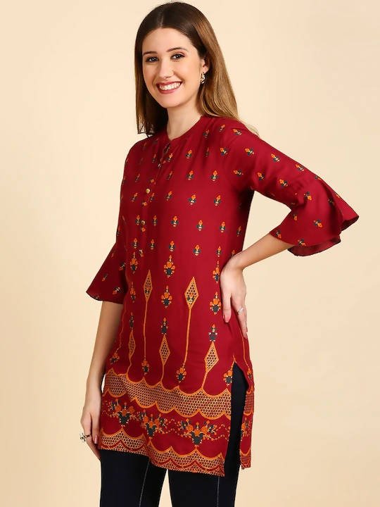 Anubhutee Maroon & Golden Printed Straight Kurti - Swadesiicart