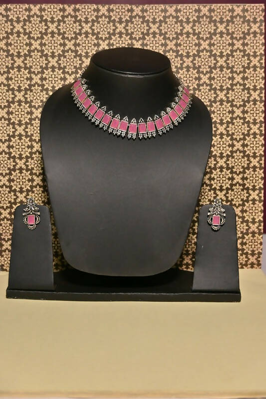 Artificial Stone Studded Oxidized Necklace Pink Jewellery set with 1 Pair of Earrings By House of Ree - House of Ree