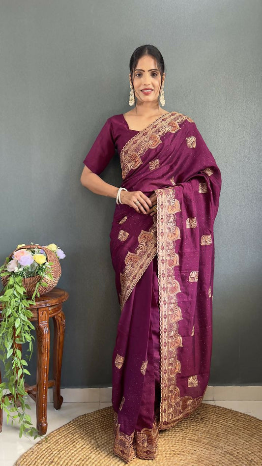 Vastranavya Purple Vichitra Silk Zari with Swarovski Work Ready to Wear Saree | Swadesiicart