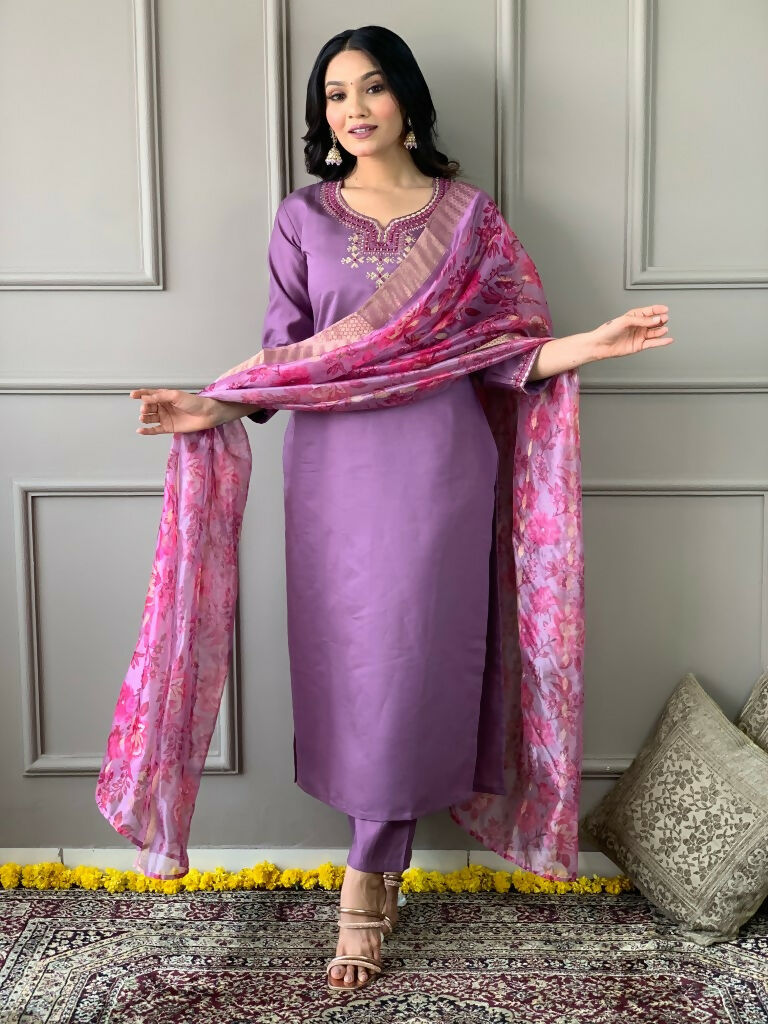 Partywear Designer Purple Viscos Rayon Stitched Suit With Dupatta - Tanisha | Swadesiicart