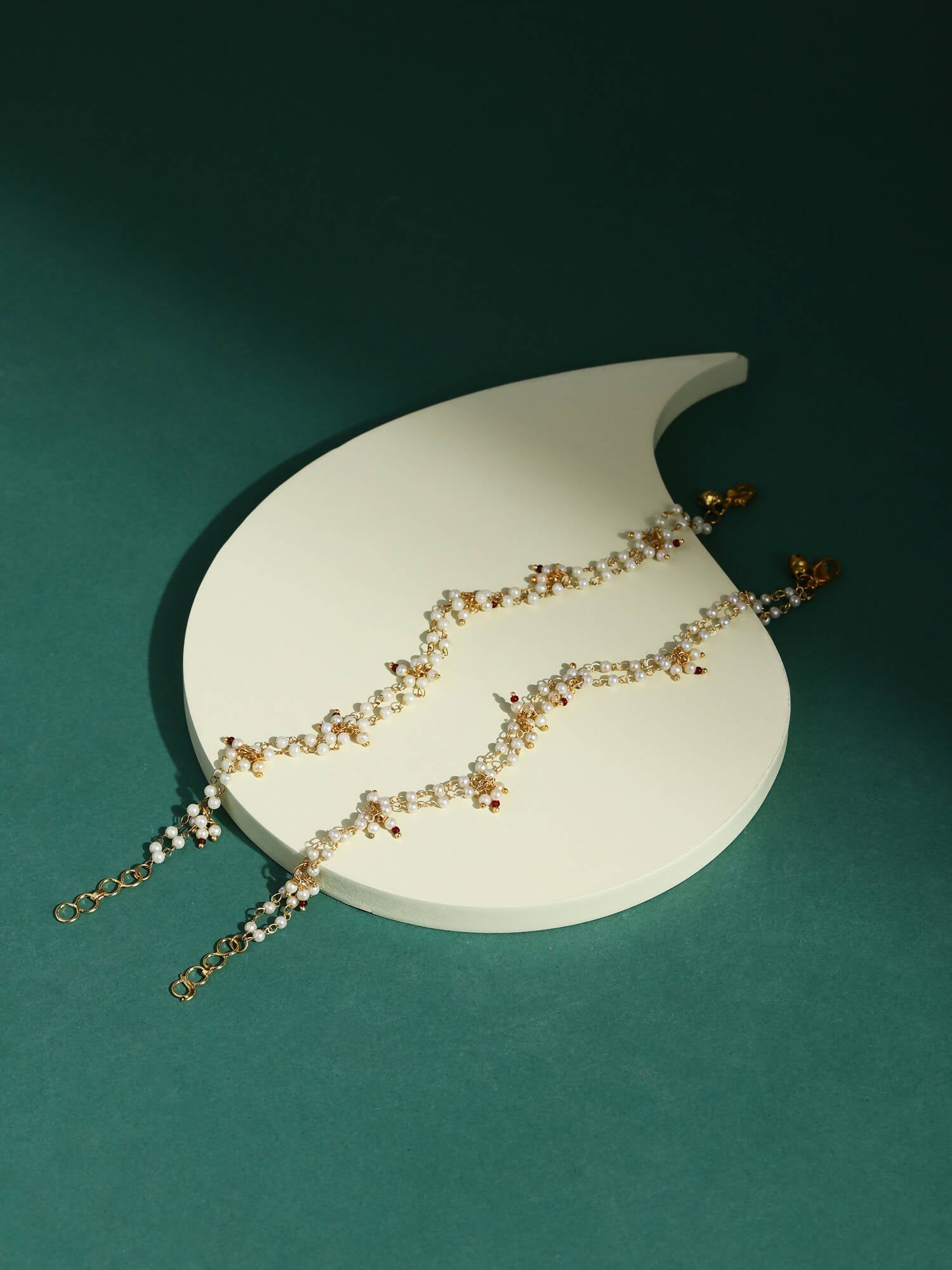 Gold-Polished White Kundan Studded Beaded Anklet - Ruby Raang | Swadesiicart