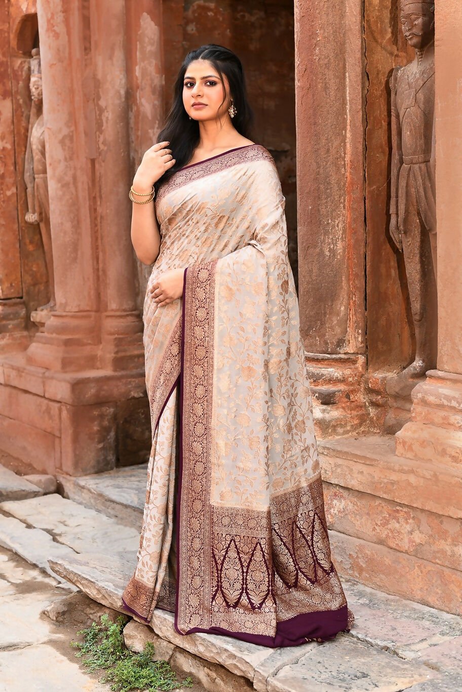 Joban Fashion Nude Grey Crepe Chiffon Pure Handloom Banarasi Silk Saree | Swadesiicart