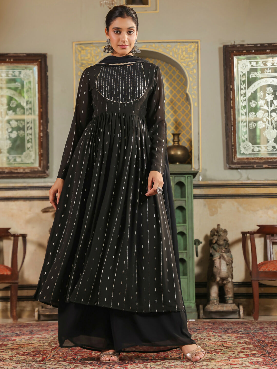 Janasya Black Georgette Foil Print Kurta,Bottom & Dupatta | Swadesiicart