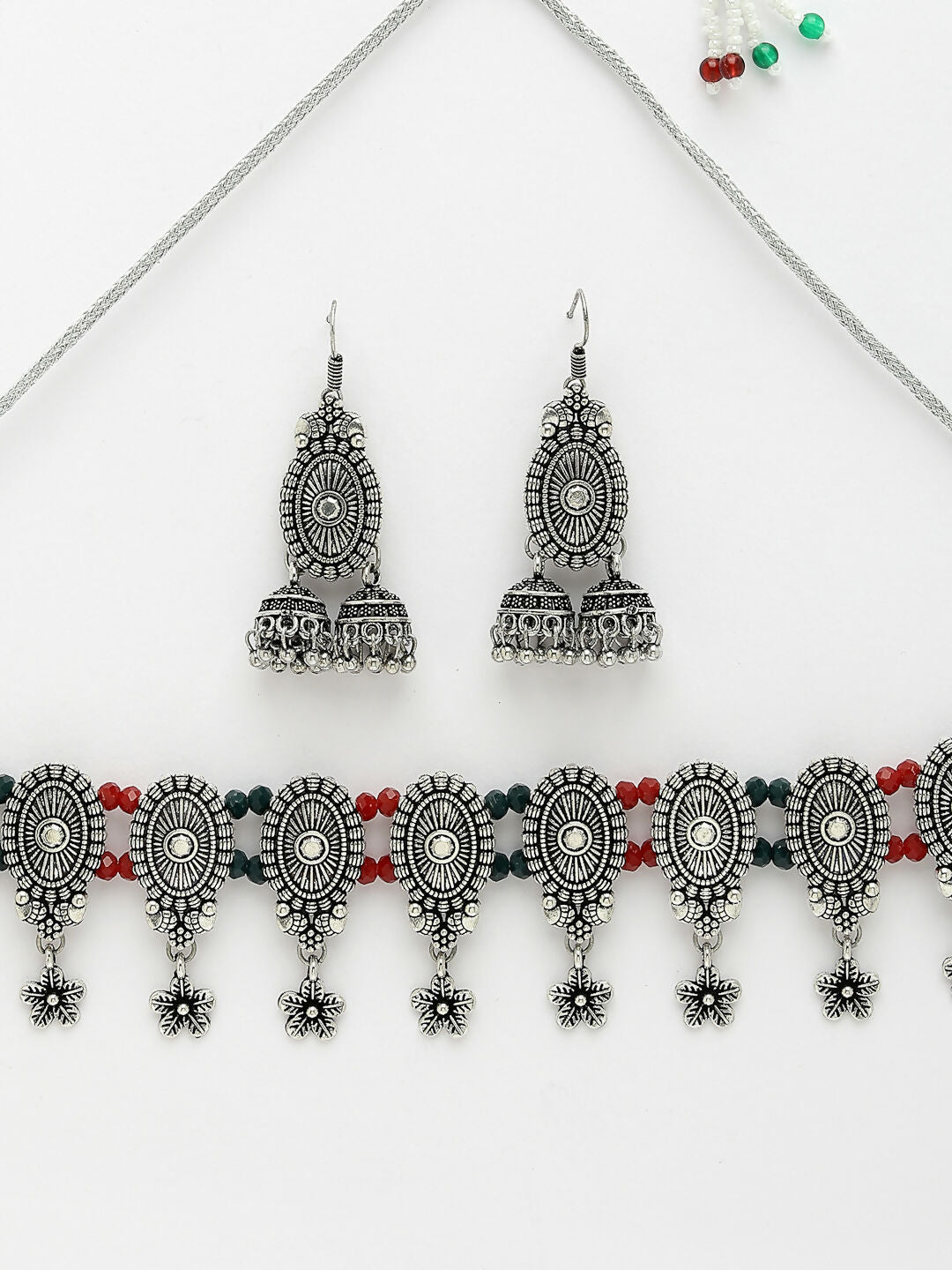 NVR Women's Silver-Plated Choke Oxidized Necklace with Jhumka Earrings - Swadesiicart