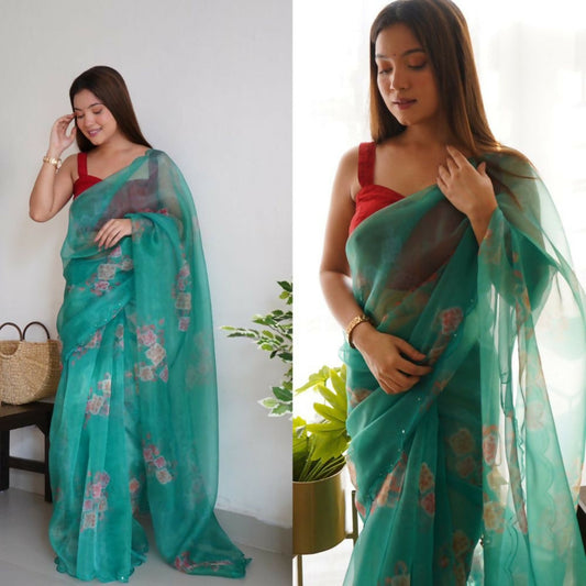 Vamsee Rency Dark Green Organza Saree - Swadesiicart