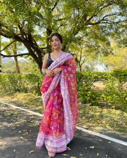 Vamsee Pink Organza Saree - Swadesiicart