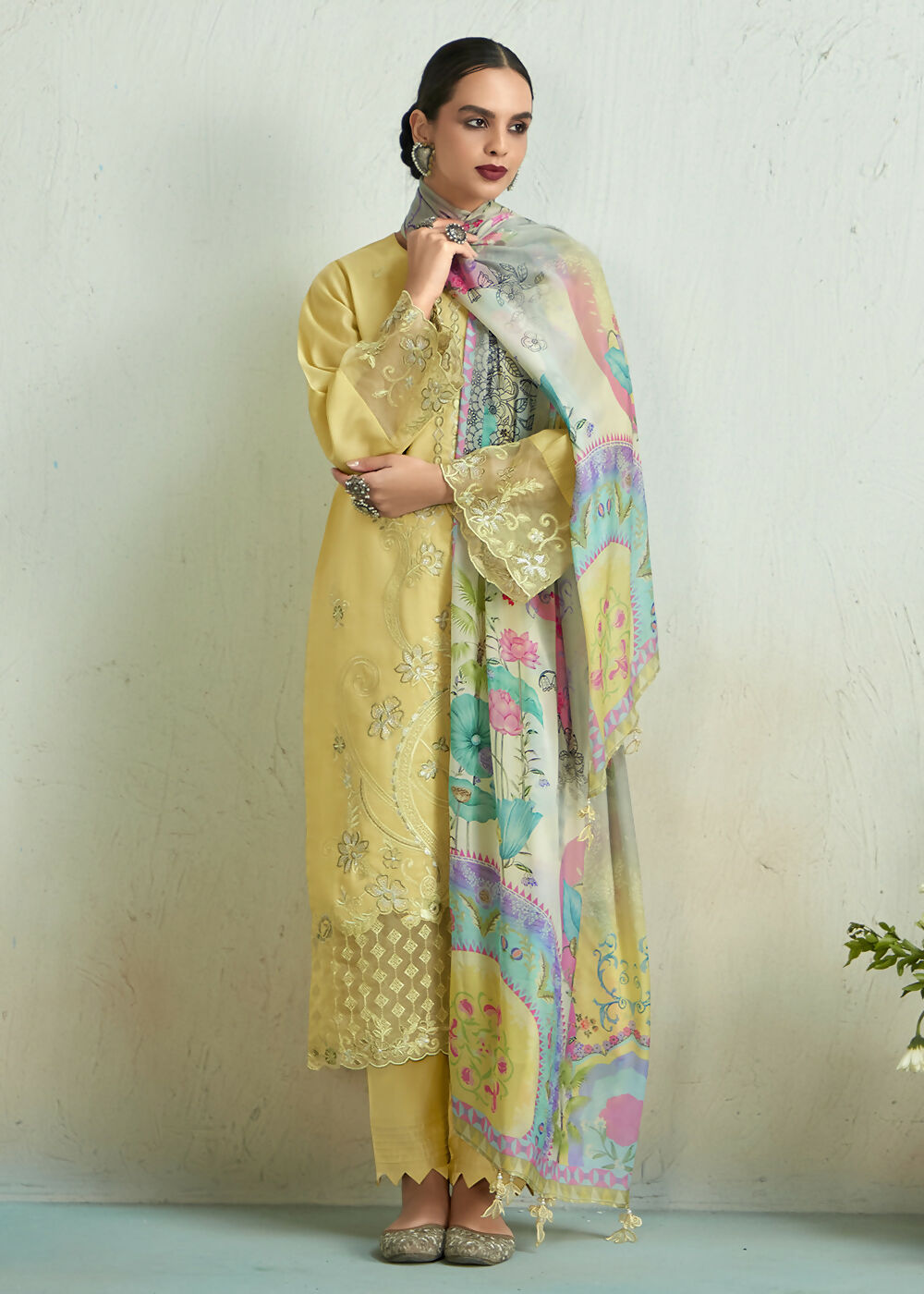 Lemon Yellow Pure Muslin Resham Embroidered Salwar Suit - Emponline | Swadesiicart