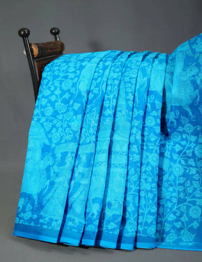 Sky Blue Kalamkaari Print Munga Cotton Saree By Gayathri Reddy Designer Studio