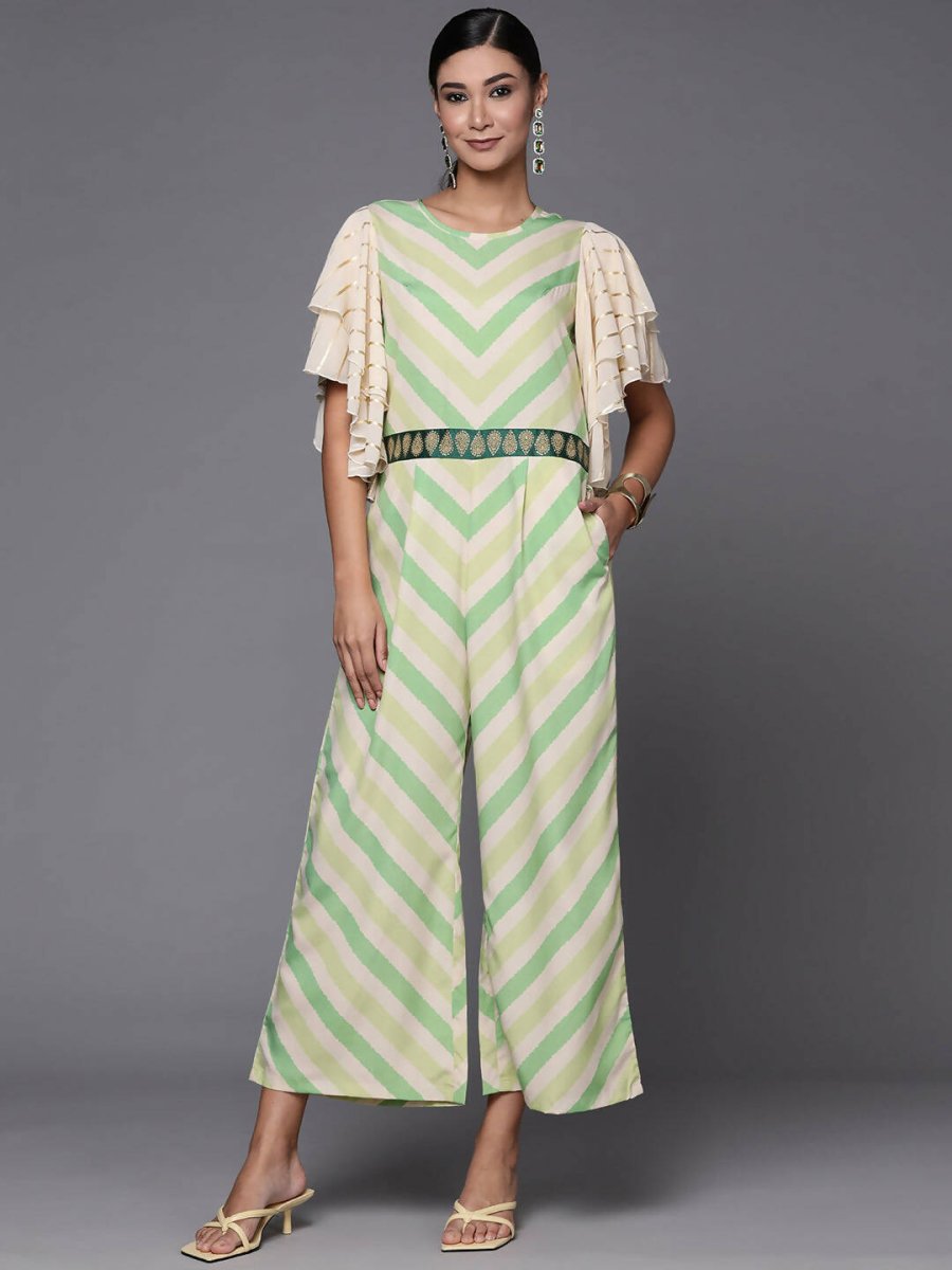 Ahalyaa Off White & Green Zig Zag Print Basic Jumpsuit - Swadesiicart