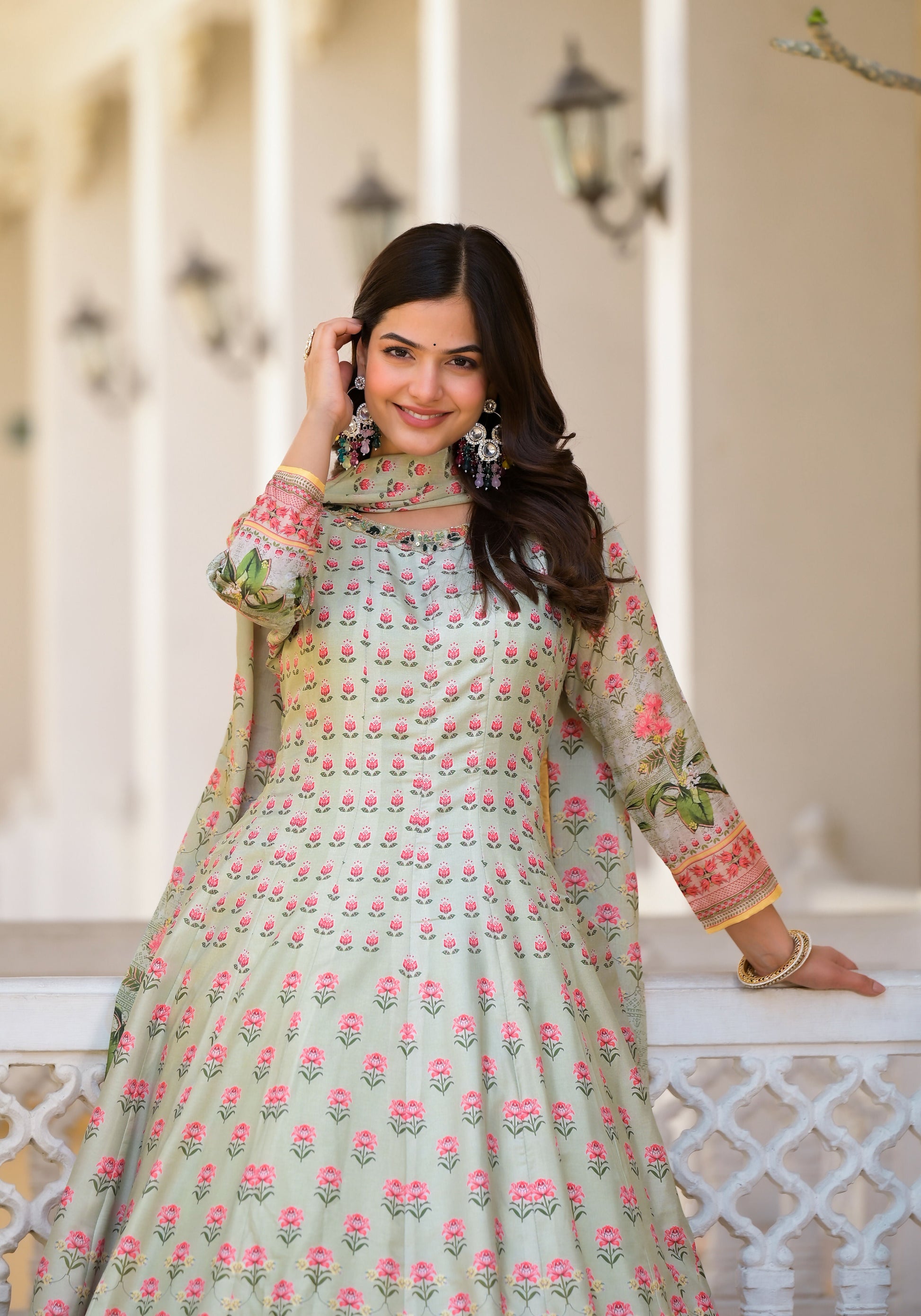 Partywear Designer Pista Dola Silk Anarkali suit with Dupatta - Samyukta - Swadesiicart