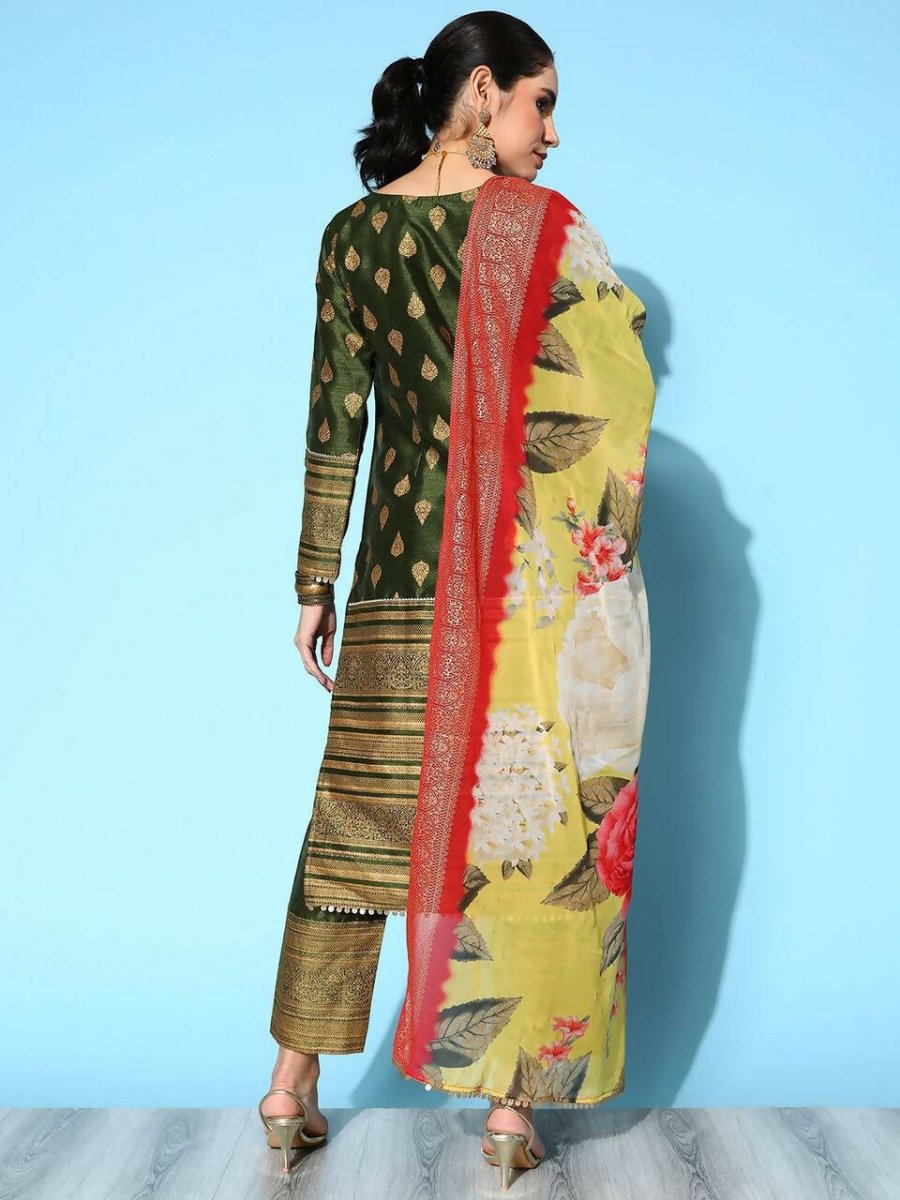Ahalyaa Women's Olive Colour Poly Silk Gold Printed Kurta Pant Set With Dupatta | Swadesiicart