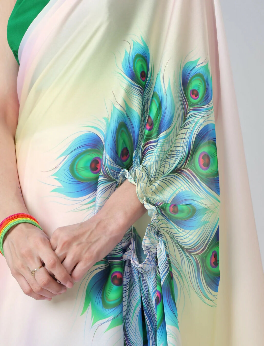 Vastranavya Pastel Rainbow Freehand Peacock Feather Print Ready to Wear Saree | Swadesiicart